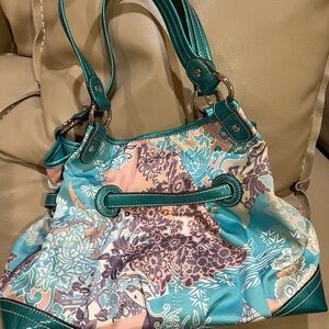 Kathy Van Zeeland Teal and Beige Floral Shoulder Bag